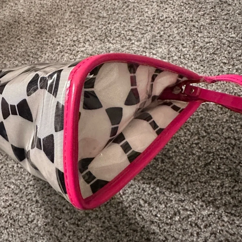 KATE SPADE Colin Makeup Bag Plastic Coating Hot Pink Black Bows White Zip